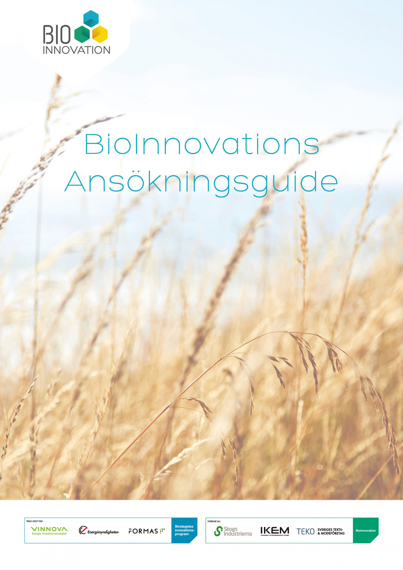 strandgräs som vajar i vinden med havet i bakgrunden. Text "BioInnovations Ansökningsguide".